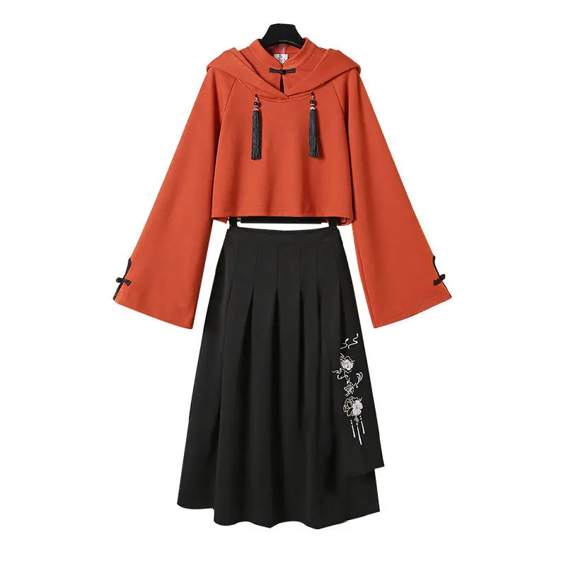 Women's Spring New Style Chinese Style Suit Sweatshirt + Long Skirt Two-piece Suit Hoodies Causal Ladies Clothing
