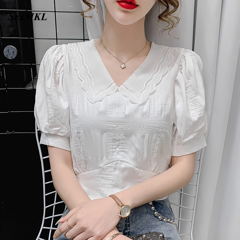 

Summer White Chiffon Blouses Womens 2022 Fashion Blue Pink Puff Sleeve Ladies Tops Elegant Korean Sexy Y2k Slim Short Crop Top