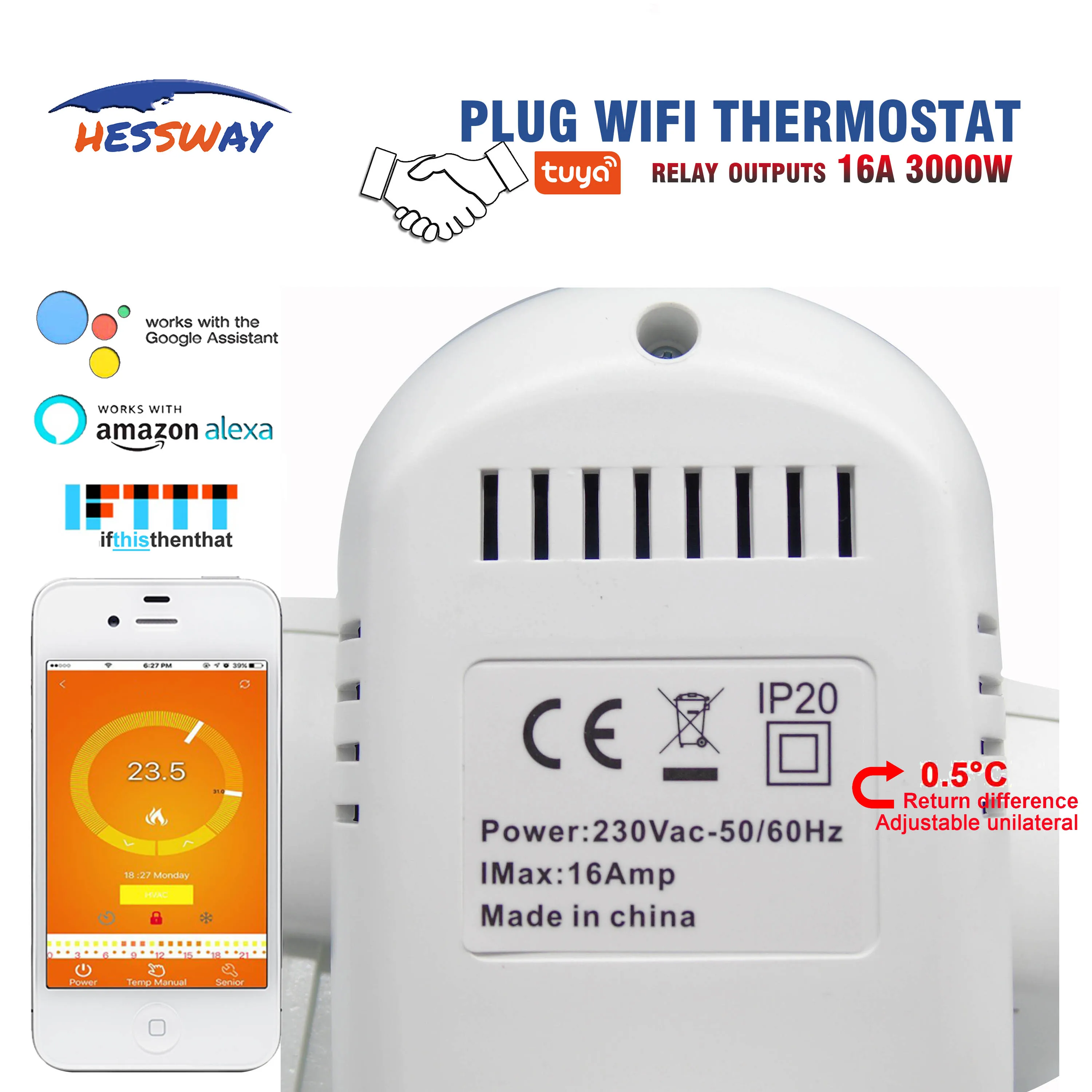 Беспроводной нагревательный термостат HESSWAY TUYA с Wi Fi 16 А европейская вилка