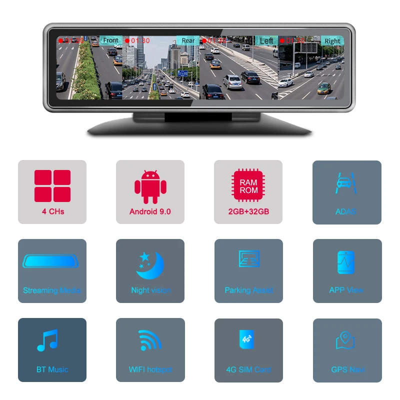 Автомобильный видеорегистратор 4G Android 9 0 12 дюймов Full Touch 360 панорамная камера