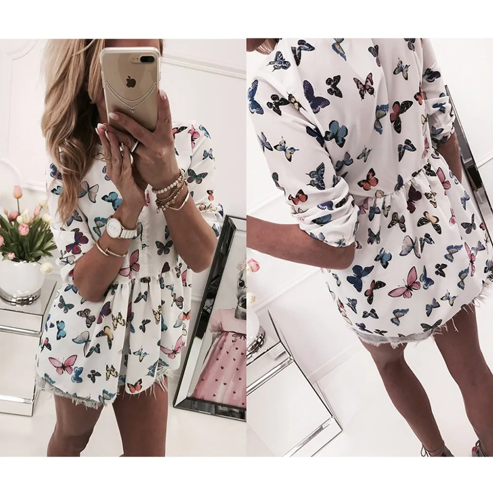 Butterfly Casual V neck mini women t shirt dress bohe chiffon women's summer casual dresses 2017women beach | Женская одежда