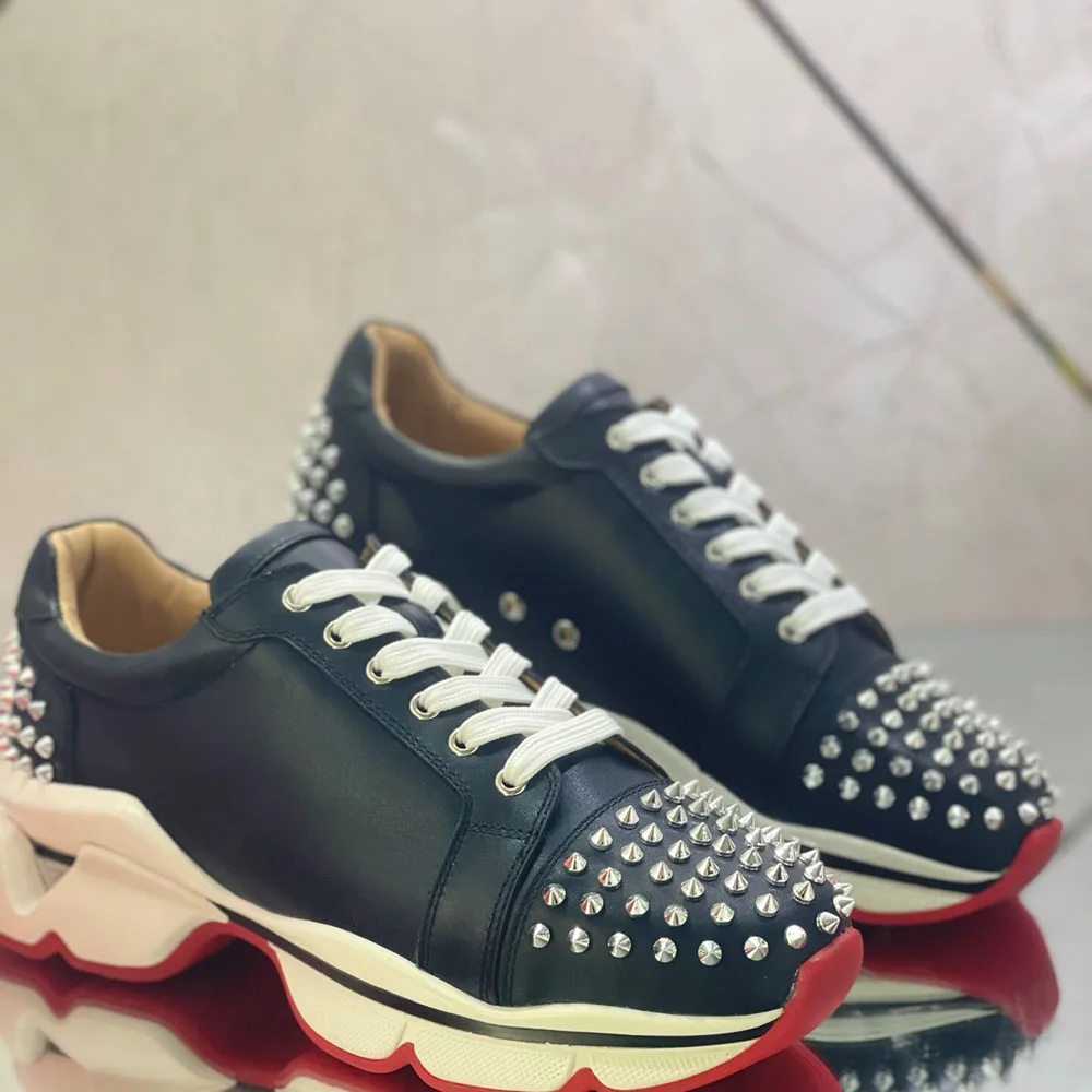 

Туфли-Лоферы мужские/женские из натуральной кожи, Роскошные, с низким верхом, с заклепками, на каблуке, повседневные, с красной подошвой, мас...