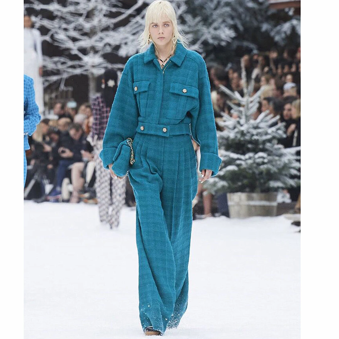 

2020 new high-end blue plaid woven wool women's suit big pocket short jacket and long wide leg pants tweed 2 piece set outfit