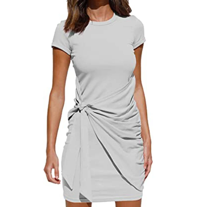 

Folds O-Neck Dress Women Concise Irregular Solid High Waist Dress Women Short Sleeve Summer Slim Mini Dresses Woman Summer 2021