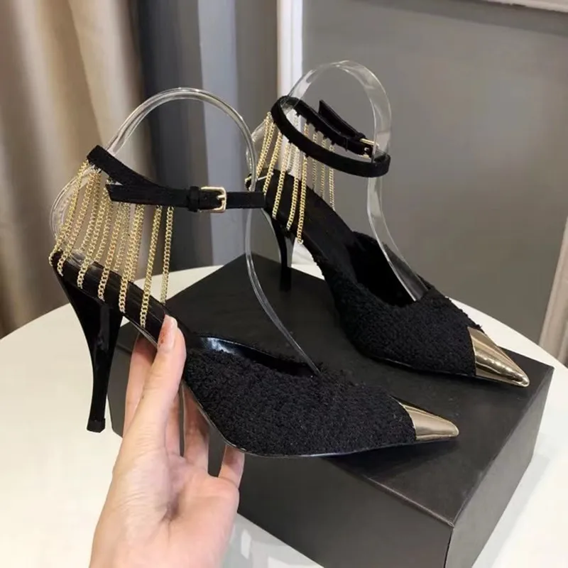 Туфли-лодочки женские с металлическими цепочками босоножки на высоком каблуке