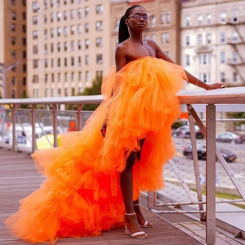 

Prom Gowns Tiered Orange High Street Formal Dresses Tulle abiye abendkleider vestido de festa longo Hi Low Evening Formal Dress