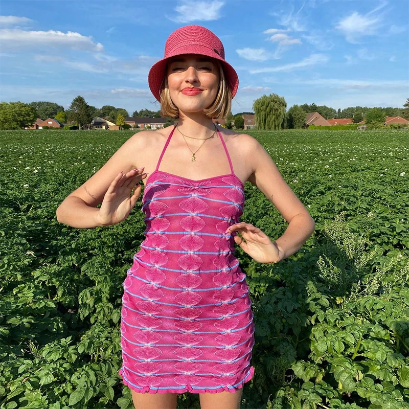 

Y2K Summer Backless Halter Knitted Dress Sexy Bodycon Mini Short Dresses Women Sleeveless Casual Fashion Streetwear