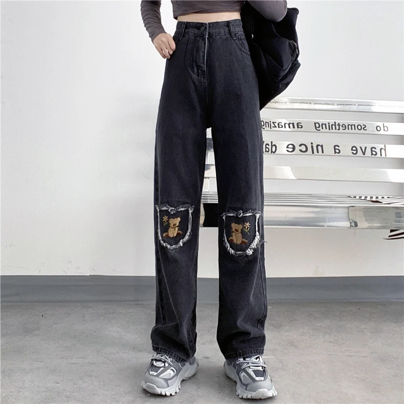 Jeans Women Spring Harajuku Streetwear Loose Wide Leg Straight Pants Cartoon Bear Embroidery Hole Patch Denim Trousers Female