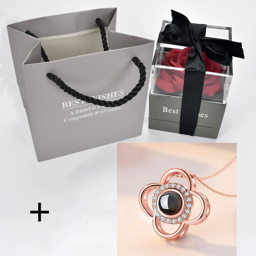 box with necklace 9 Unfade цветок Роза шкатулка с сюрпризом 100 языков я люблю тебя ожерелье необычный подарок для матери подруги - Цвет: box with necklace 9