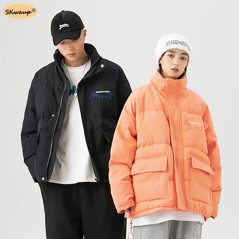 

Парные зимние стеганые пальто, однотонная свободная Мужская и женская зимняя пуховая куртка с воротником-стойкой и вышивкой, Повседневная ...