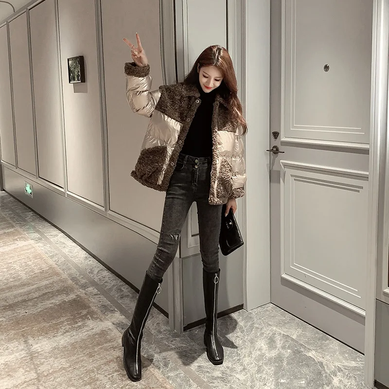 

edition han 2020 lambs wool splicing shiny thick cotton-padded jacket lapel cotton-padded jacket coat jackets