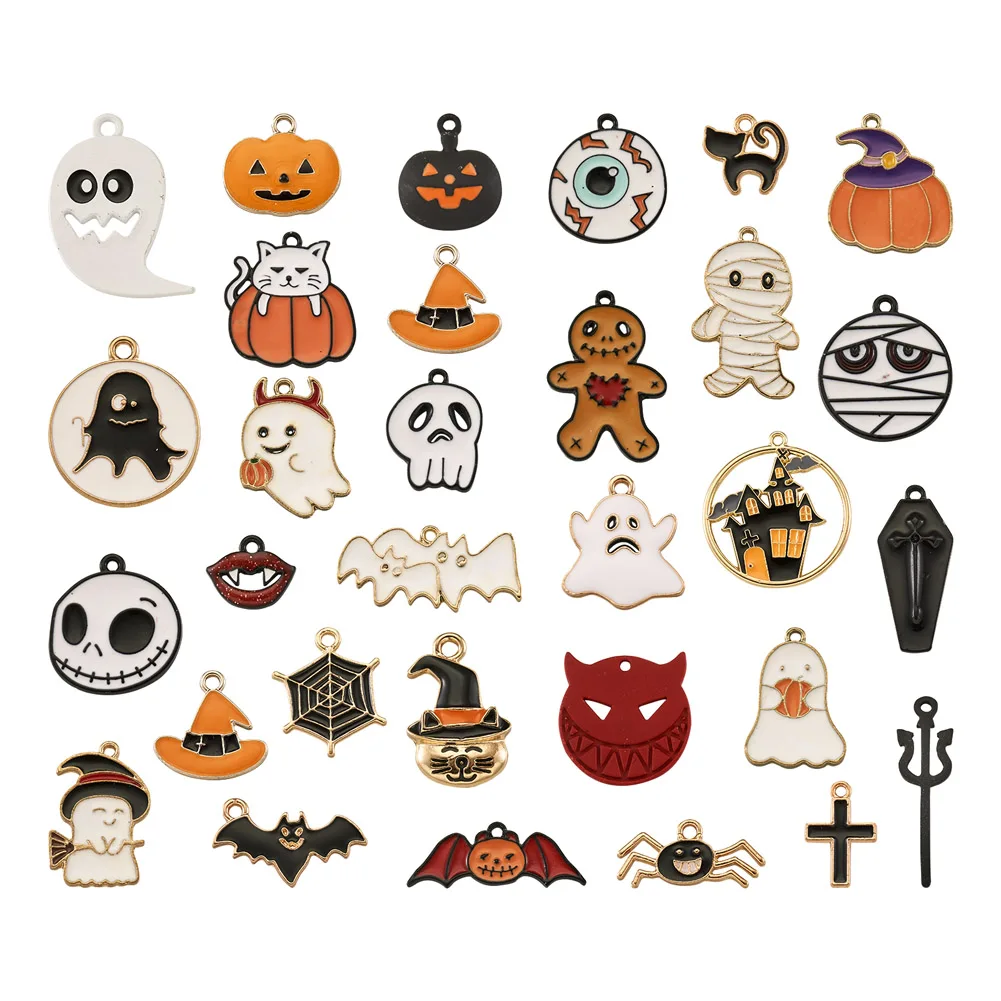 

60Pcs 30 Style Mixed Enamel Halloween Charms Coffin Ghost Pumpkin Skull Mummy Alloy Pendant For Bracelet Earrings Jewelry Making