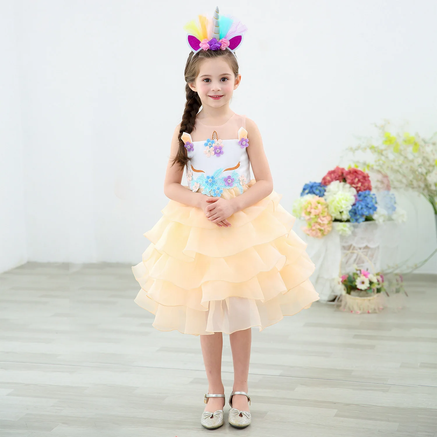 dress with horn Детская праздничная одежда с цветочным рисунком для костюмированной вечеринки; Радужное платье-пачка с единорогом; Детский новогодний костюм для девочек; праздничная одежда - Цвет: dress with horn