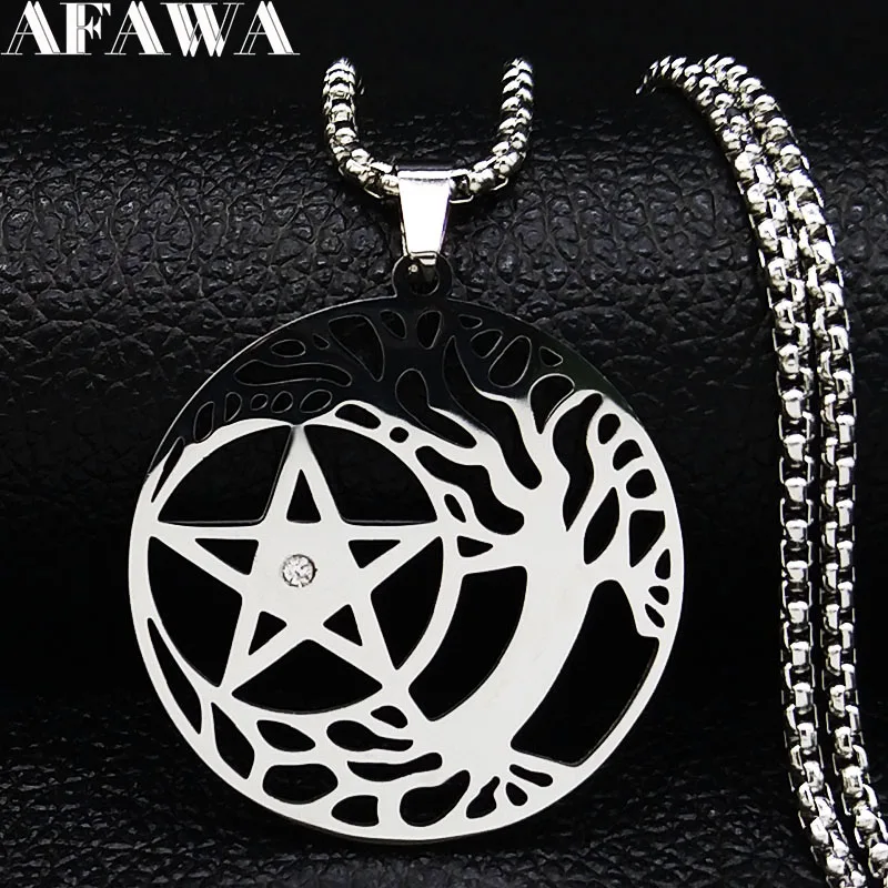 Пентаграмма колдовство Дерево жизни Кристалл Серебряный цвет нержавеющая сталь массивное ожерелье для женщин ювелирные изделия ожерелье N19521