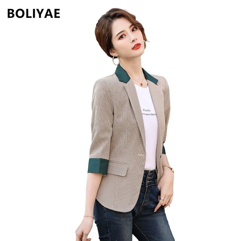 Boliyae 2021 Summer Fashion Business Plaid Suits Women 3/4 Sleeve Office Blazer Ladies Casual  Tops Za Temperament Jacket Veste