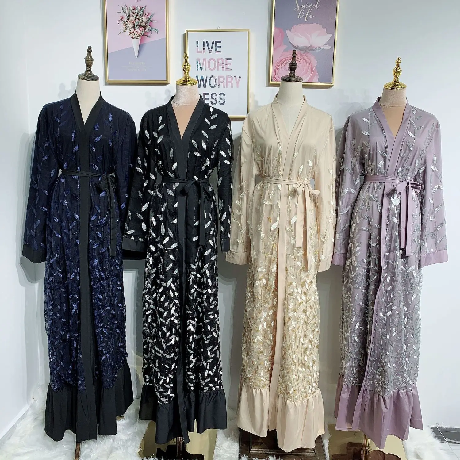 

Elegant Muslim Elegant Sequins Abaya Maxi Dress Cardigan Female Long Robe Gowns Jubah Kimono Ramadan Arab Islamic Kaftan