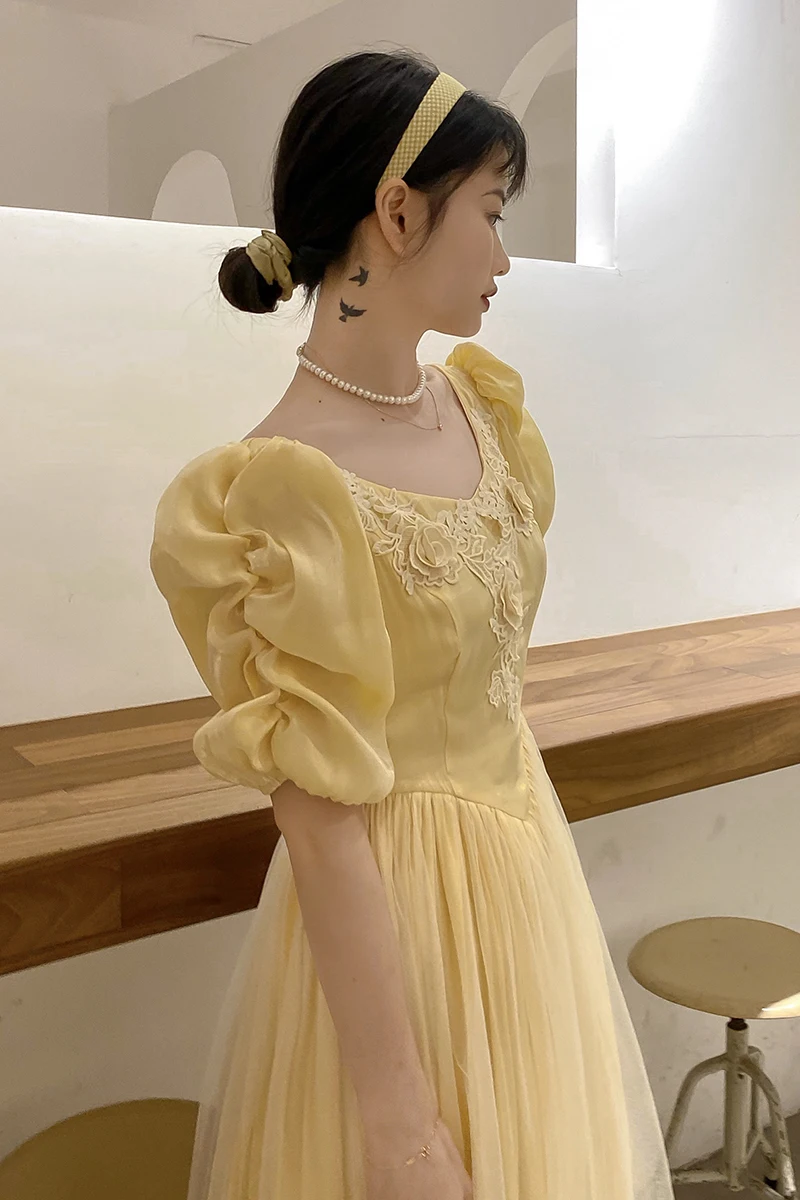 

Dresses French Satin Dress for Women Summer 2021 New Waist-Tight Slimming Mesh Spliced Princess Dress Adult Super Fairy Kawaii