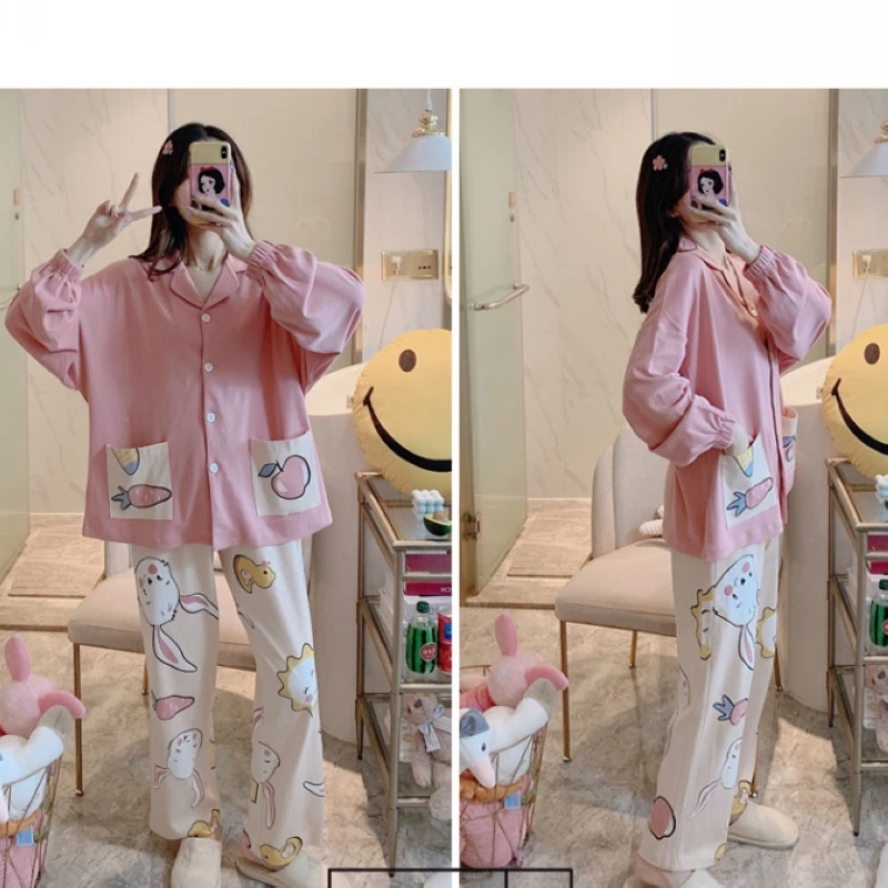 

Pajamas ladies spring and autumn models long-sleeved two-piece Korean sweet and cute cartoon cardigan home service suit