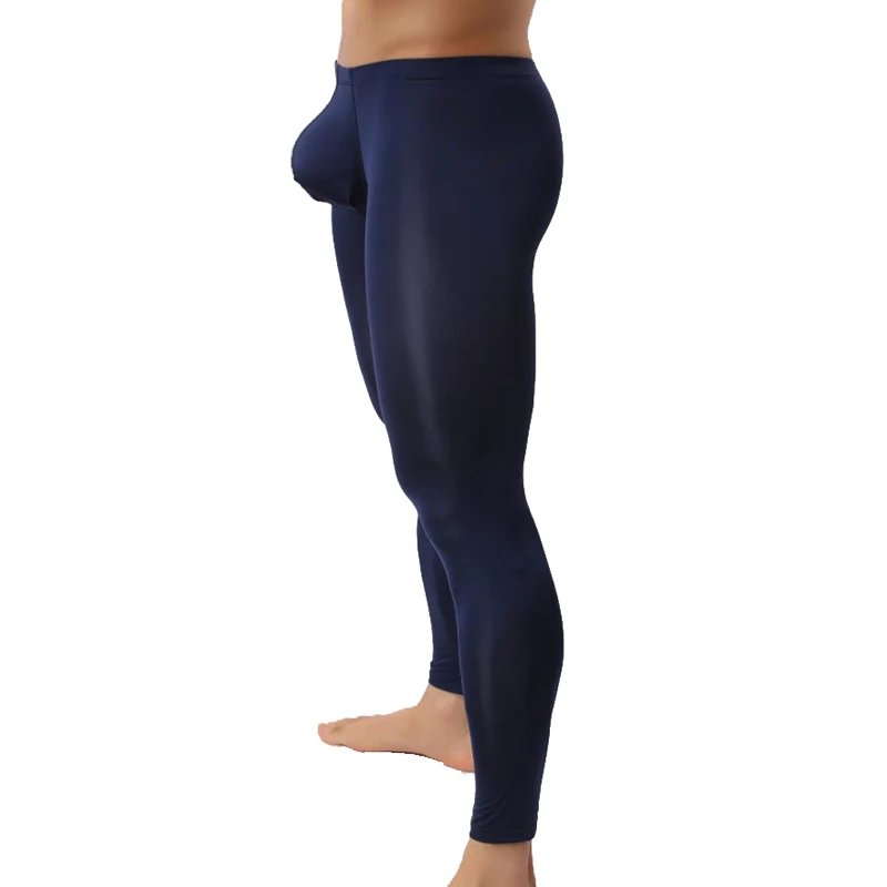 Men's Sexy Long Johns Ice Silk Ultra-thin Transparent Penis Pouch Leggings Underwear Men Home Sheer Lounge Pants Gay Sleepwear