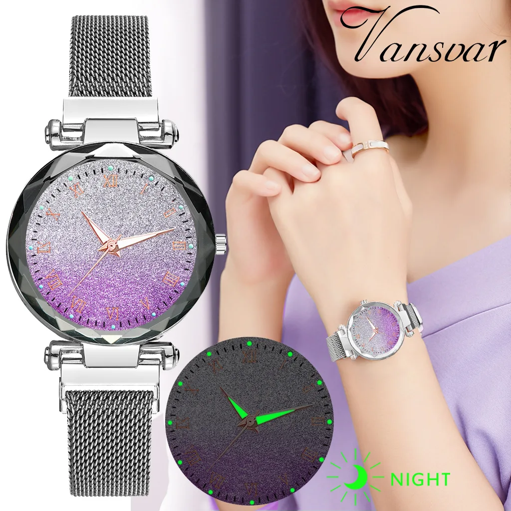 

Korean Female Wrist Watch Magnet Luxury Silver Alloy Milano Mesh Belt Starry Sky Luminous Pointer Ladies Quartz Watch For Women