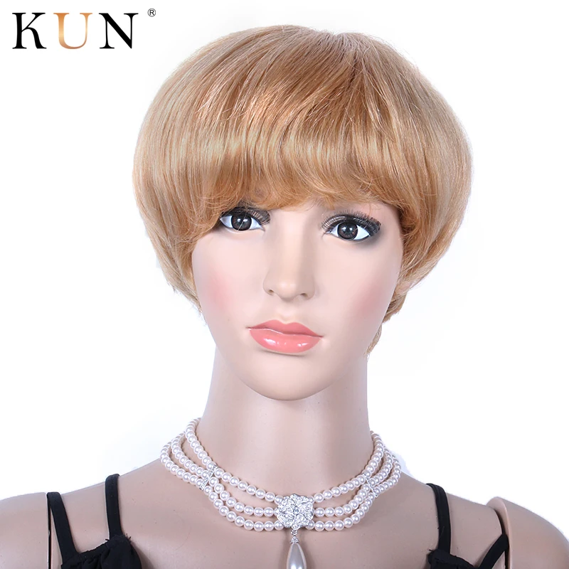 Pixie срезанные короткие парики из человеческих волос # 27A клубника блонд парик