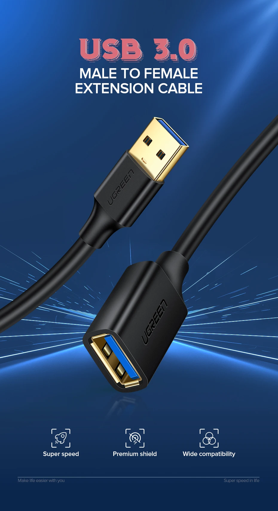 Ugreen USB кабель-удлинитель USB 3,0 кабель для умный принтер PS4 SSD USB3.0 2,0 для удлинителя данных шнур мини USB кабель-удлинитель