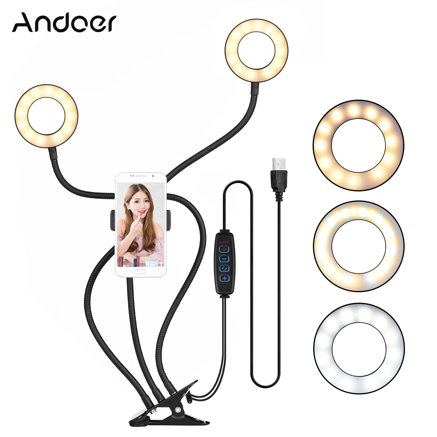 

Кольцевой светильник Andoer на клипсе с мини-USB, заполняющая лампа, двойсветильник s 3 режима освещения, с регулируемой яркостью, с держателем дл...