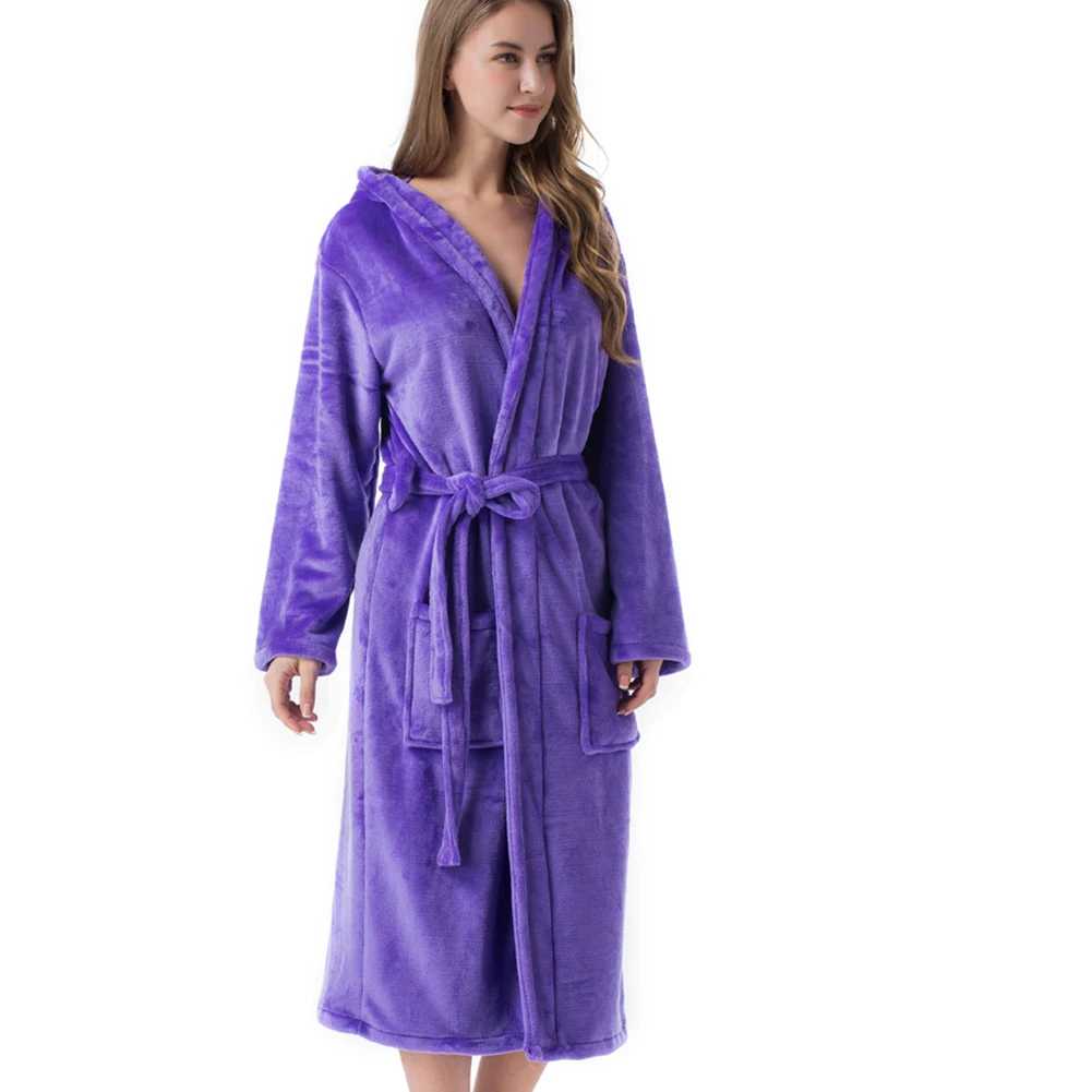 

Women Autumn Winter Luxury Flannel Hooded Midi Dressing Gown Solid Long Sleeve Belt Pockets Warm Night Shimmer Bath