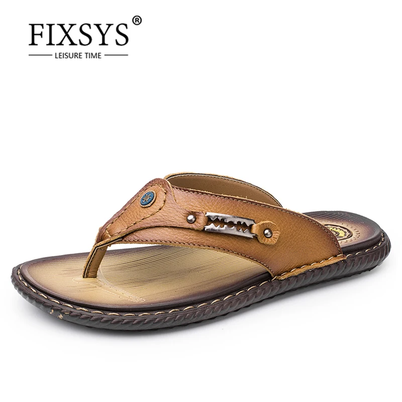 

FIXSYS Fashion Split Leather Men Slippers Casual Breathable Beach Shoes Man Luxury Outdoor Flip Flops Summer Comfortable Sandals