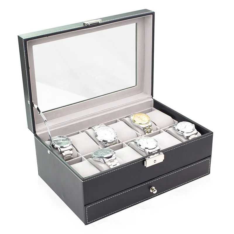 Koop Pu Leather Double-Layer 12-Bit High-End Horloge Opbergdozen Zonnebril Organizer Stofdicht Opslag Box Ring Sieraden Doos