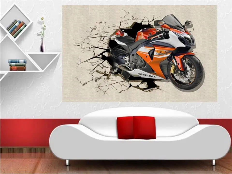3d фотообои на заказ настенные для гостиной кровати мотоцикла сломанная стена