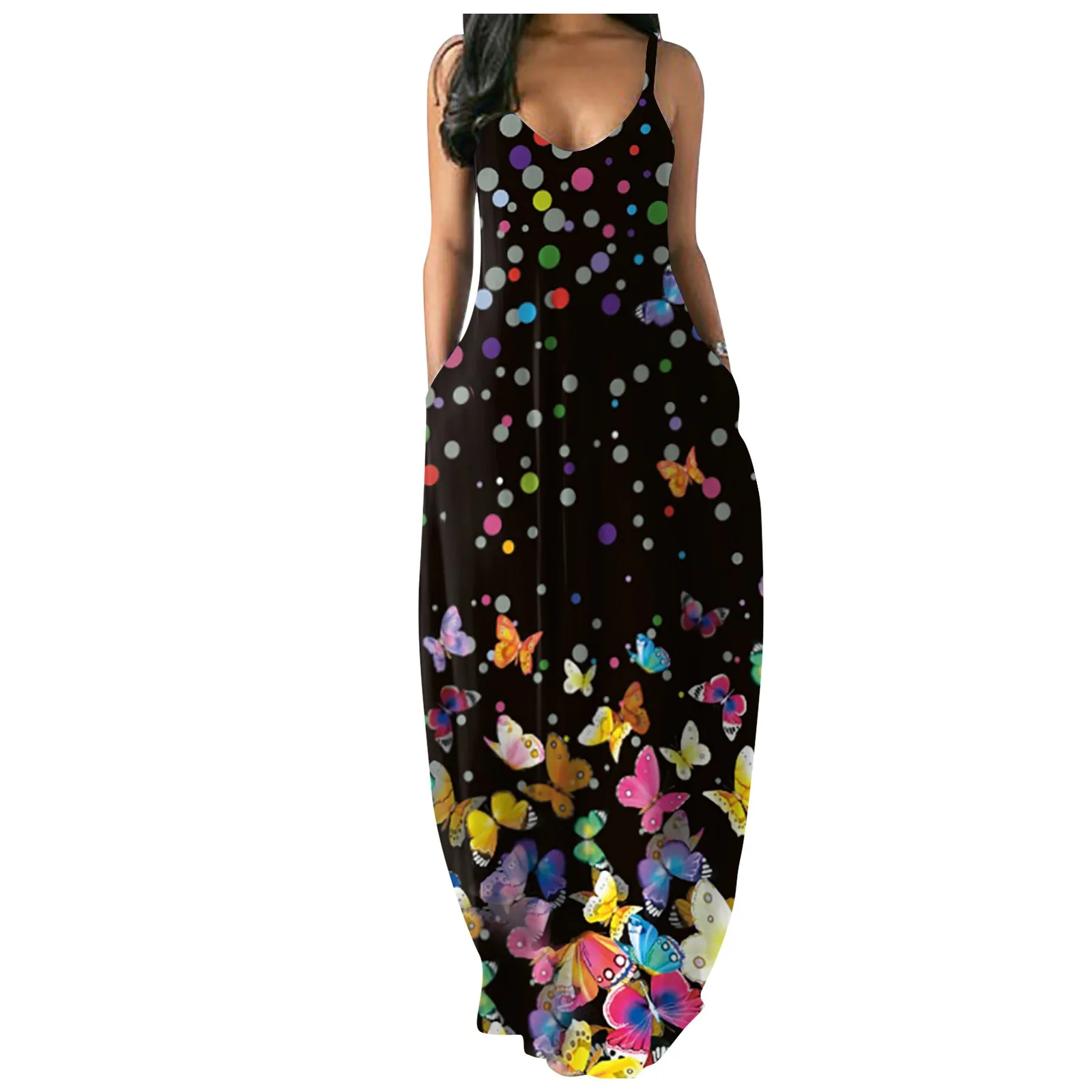 

40# Bohemian spagetti strap V-Neck summer dress loose vintage Floral printed Sling dress Sleeveless Pocket Floor length Dress
