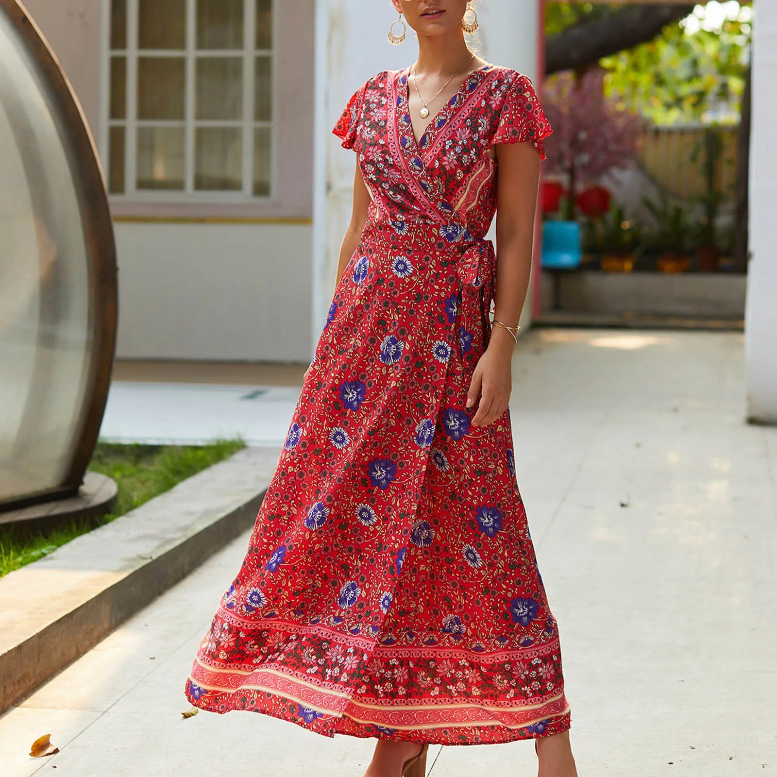 

Женский сарафан в стиле бохо с цветочным принтом и боковыми разрезами, сексуальное летнее пляжное платье на шнуровке с V-образным вырезом и ...