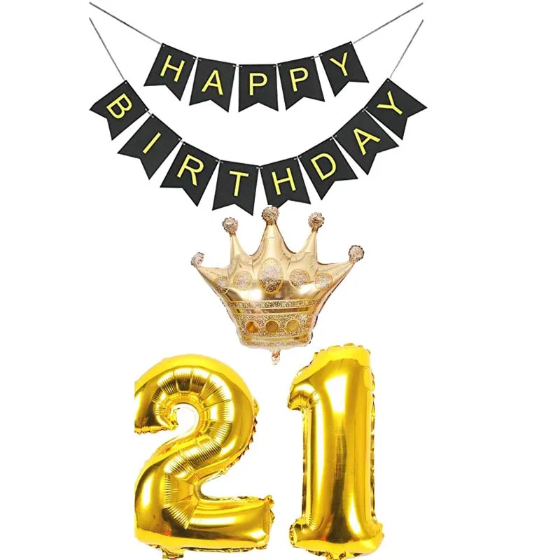 Золотые шарики короны Черный счастливый баннер для детей 10 16 18 20 21 30 40 50 60 70 80 лет