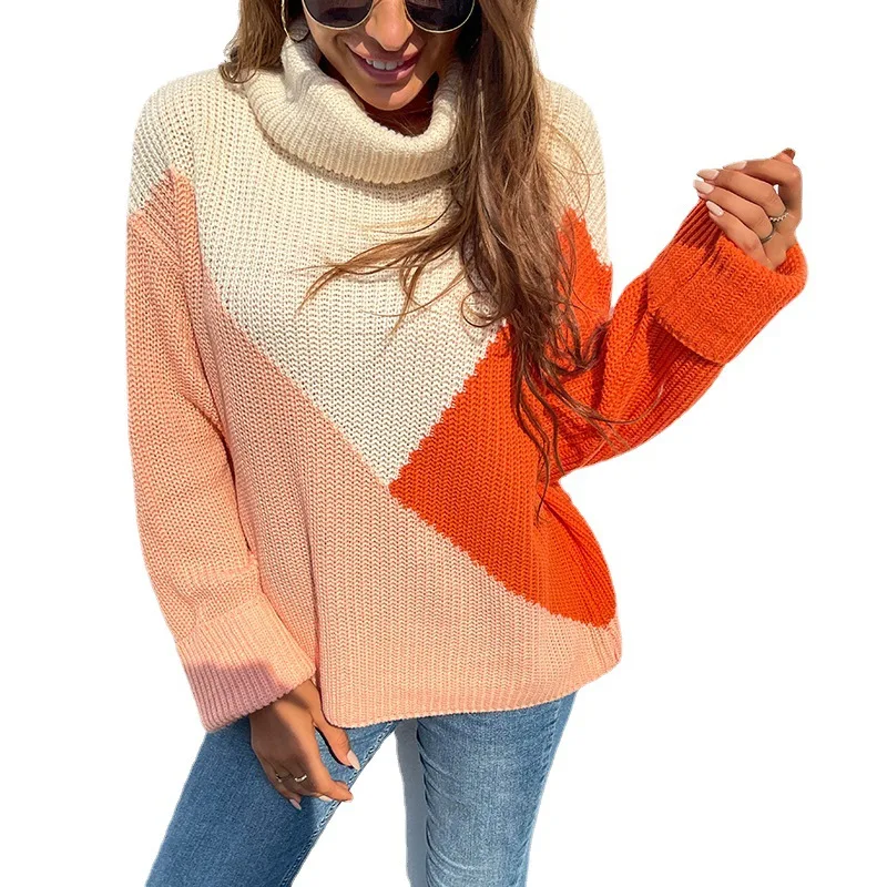 

2021 Fashion Women Sweater New Casual Hot Sale High Neck Pullover Stitching Contrast Color Loose Large Size Knitted Sweater