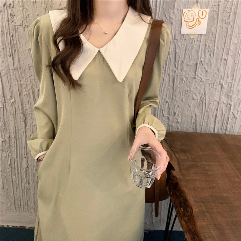 

Women'S Fashion Casual Long-Sleeved Mid-Length Dress Chic Stitching A-Line Vestidos Korean Vintage Shirt Dress