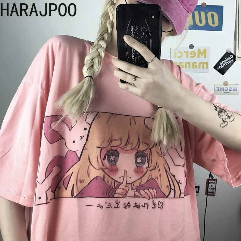 

HARAJPOO Women Shirt Summer Korean Style Ins Harajuku BF Fashion Japanese Cartoon Girl Print Loose Short Sleeve Pink Tee Top