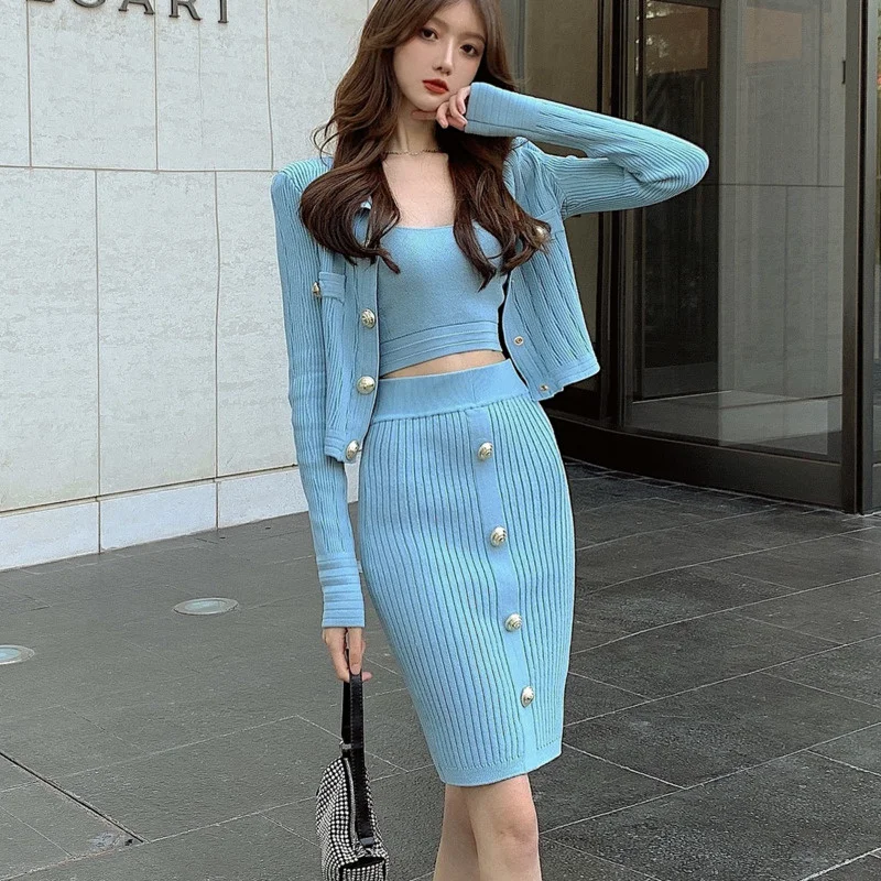 

High Quality Fall Winter Fashion Knitted Three Piece Set Women Short Cardigan Coat + Vest + Bodycon Skirt Suits Sweet 3pcs Sets