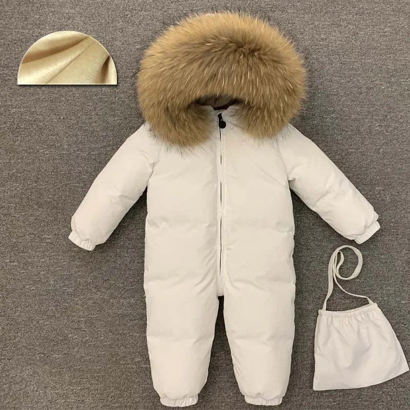 

-30 Degree Infant Snowsuit Real Fur Collar Duck Down Filling Thick Warm Toddler Boys Girls Down Rompers Baby Winter Jackets