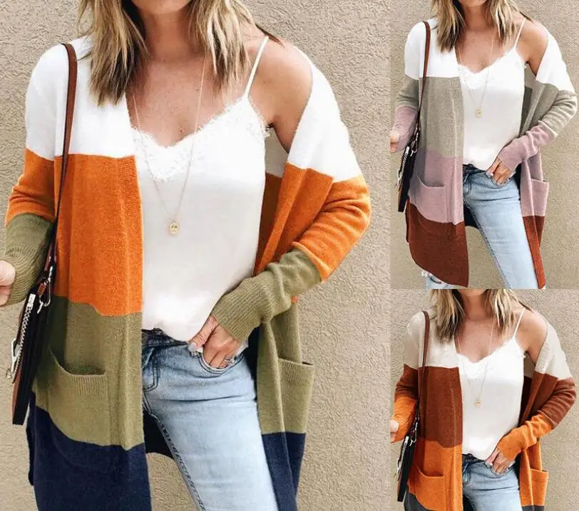 

2021 международная торговля модная куртка с большими карманами осень и зима длинный полосатый лоскутный кардиган