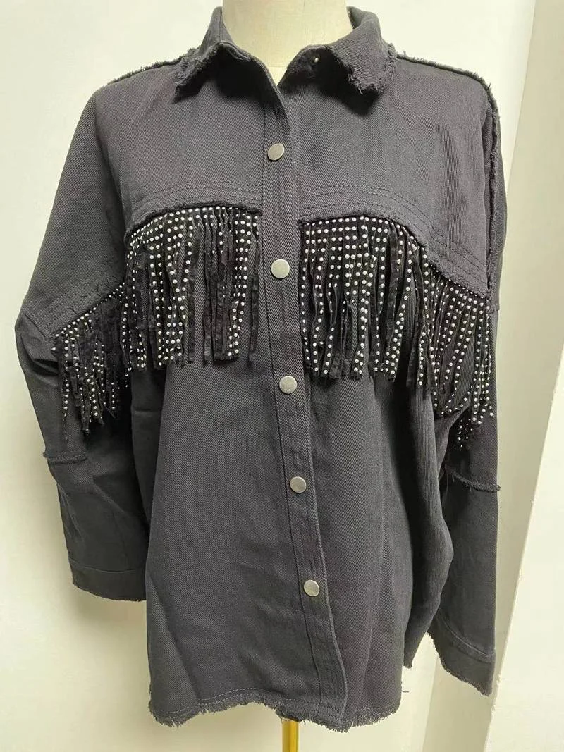NEW Women's Black Long Sleeve Lapel Slim Fringe Decorative Jacket Autumn Hot Drilling Raw Edge Casual Street Coat Female S-2XL