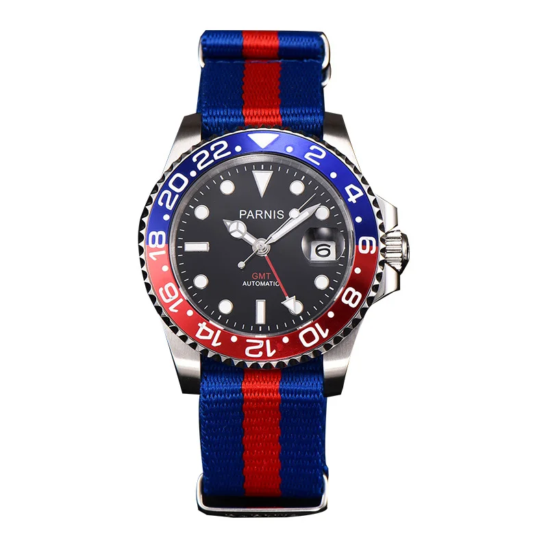 canvas blue red Повседневные 40 мм Parnis автоматические мужские часы черный красный ободок резиновый ремешок GMT календарь ныряльщик Мужские механические часы де люкс horloges - Цвет: canvas blue red