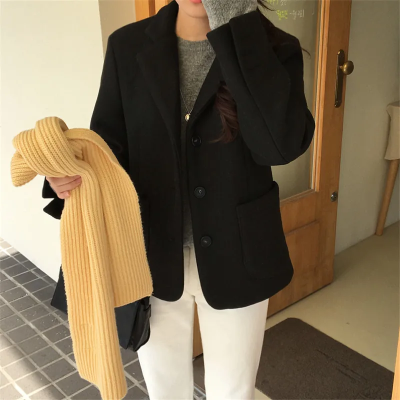 

Winter Elegant Tops Loose Notched Suit Jacket Solid Blazers OL Single-breasted Woolen Blazer Coat Women 2020 New Autumn