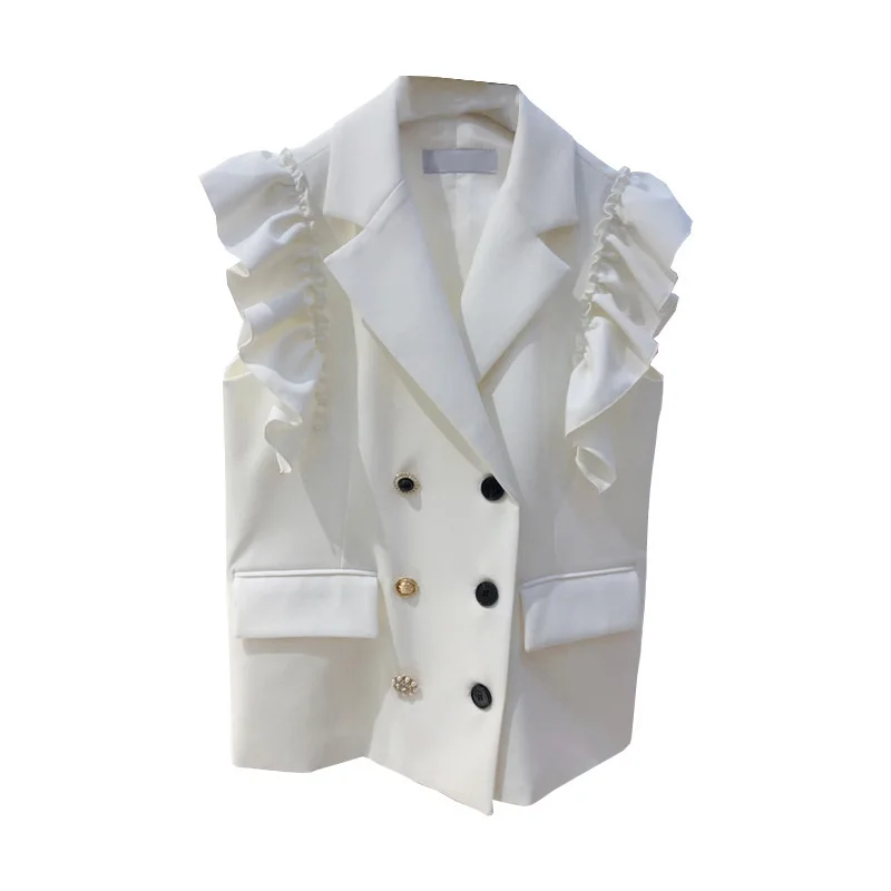 

Весенние милые Лоскутные женские белые жилеты с оборками шикарный двубортный дизайнерский жилет для женщин 2021 новые женские жилеты HH479