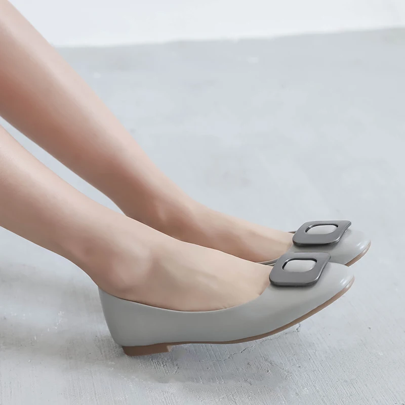 

LOVIRS Women Round Toe Flats Cowhide Leather Mental Square Buckle Comfort Soft-soled Casual Shoes For Women