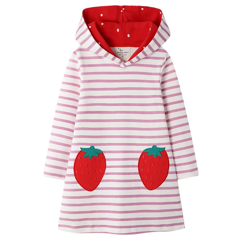 T7167 Strawberry Jumping meter/Новое поступление; платья с капюшоном для девочек; одежда для малышей с длинными рукавами с изображением фламинго; хлопковое платье принцессы с капюшоном для девочек - Цвет: T7167 Strawberry