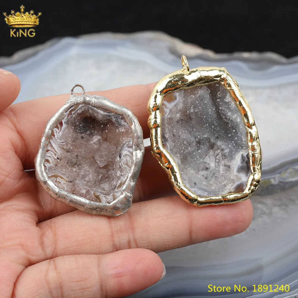 

5pcs Natural Drusy Geode Agates Water Drop Pendant Charms,Plated Gold Bails Druzy Agates Slice Charms For DIY Jewelry Making