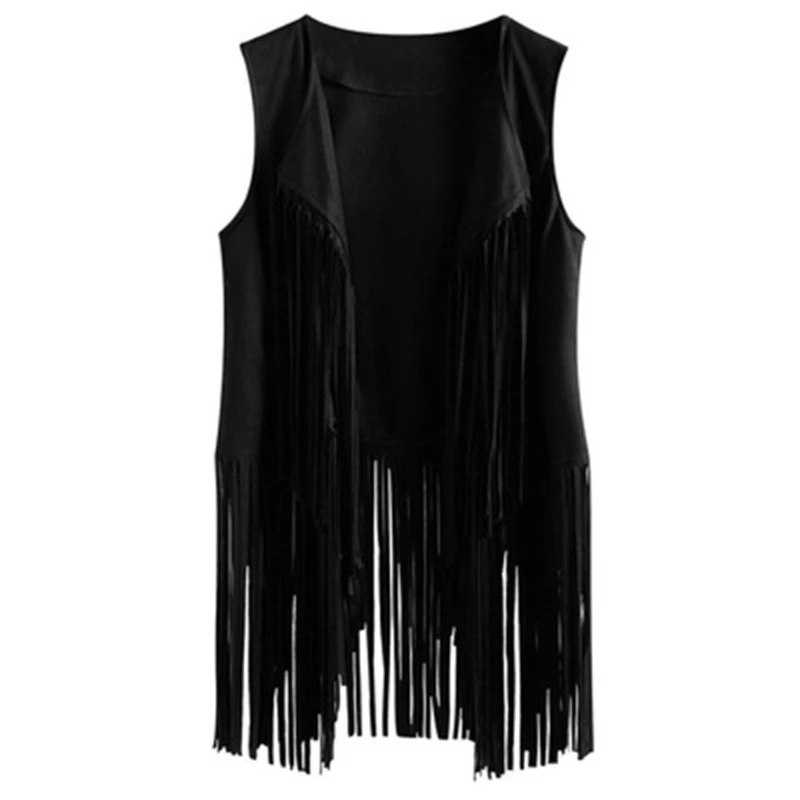 

Women Faux Suede Ethnic Sleeveless Jacket Long Fringe Tassels 70s Hippie Open Front Cardigan Vintage Cowgirl Waistcoat Vest