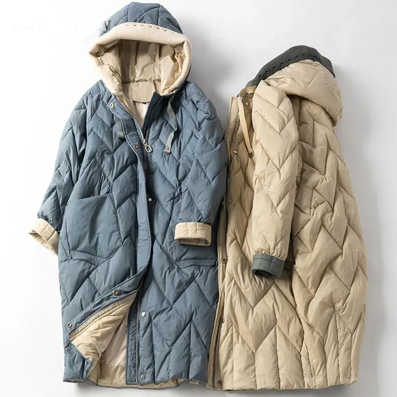 Knitted Patchwork Hooded Coat Windproof Parka 2021 Autumn Women Warm Thicken White Duck Down Jacket Female Long Winter Outwears