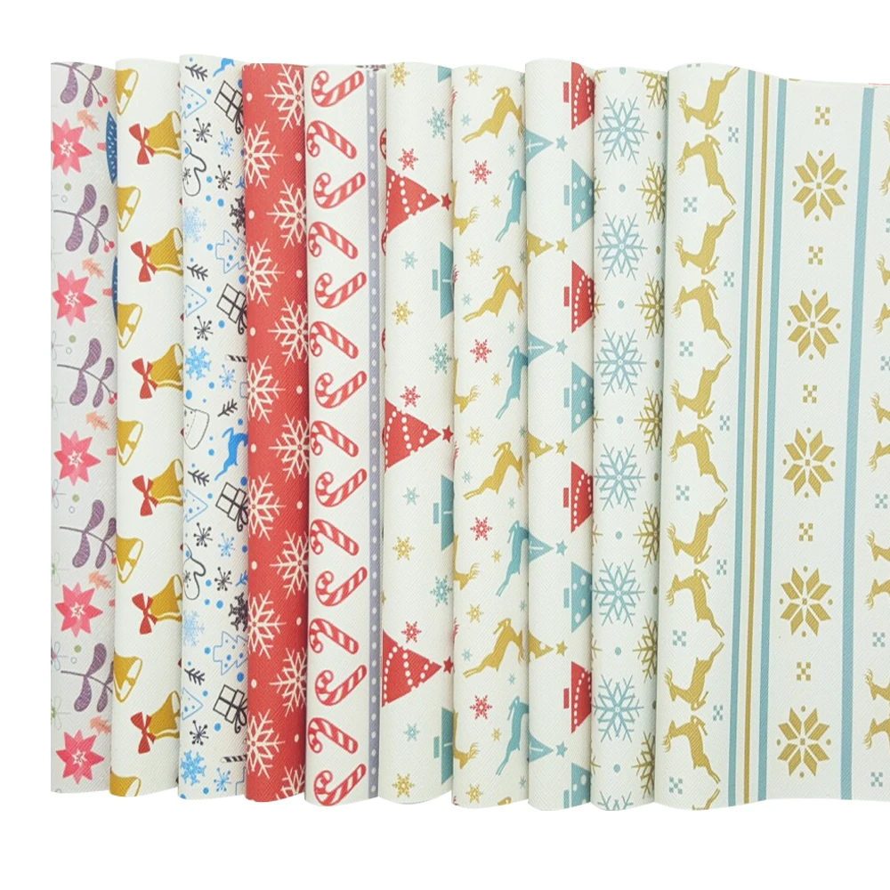 QIBU 1pcs Christmas Faux Leather Sheets Vinyl Fabric Cartoon Elks Printed Leather Bow Fabric DIY Bags Material Synthetic Leather